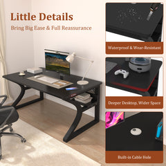 AZN Gaming Desk, Black/Tiger-Stripe 47/55 Computer Desk, Gaming Desk w/LED Lights & Carbon Fiber Desktop, Home Office Desks w/Ergonomic Design, Computer Desks w/Cup Holder