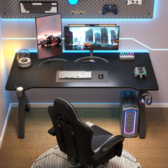 AZN Gaming Desk, Gaming Desk w/Carbon Fiber Desktop & 3D-Printed Relief Patterns, Home Office Desks w/Ergonomic Design, Computer Desks w/Cup & Headphone Holder, Cable Organizer