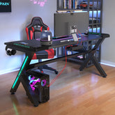 AZN Gaming Desk, Gaming Desk w/LED Lights & Carbon Fiber Desktop, Home Office Desks w/Ergonomic Design, Computer Desks w/Cup Holder, Headphone Holder, Cable Organizer
