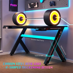 AZN Gaming Desk, Gaming Desk w/Carbon Fiber Desktop & 3D-Printed Relief Patterns, Home Office Desks w/Ergonomic Design, Computer Desks w/Cup & Headphone Holder, Cable Organizer