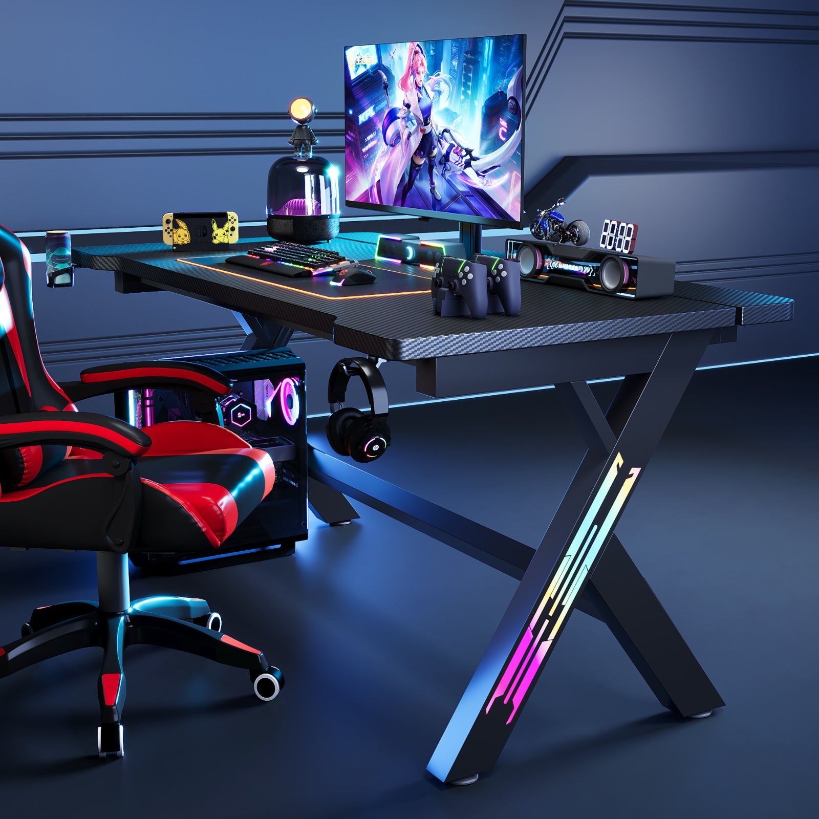 Gaming Desk Computer Desk with LED Lights Sturdy Small Desk Ergonomic PC Gaming Table Workstation with Cup Holder Headphone Hook Cable Box