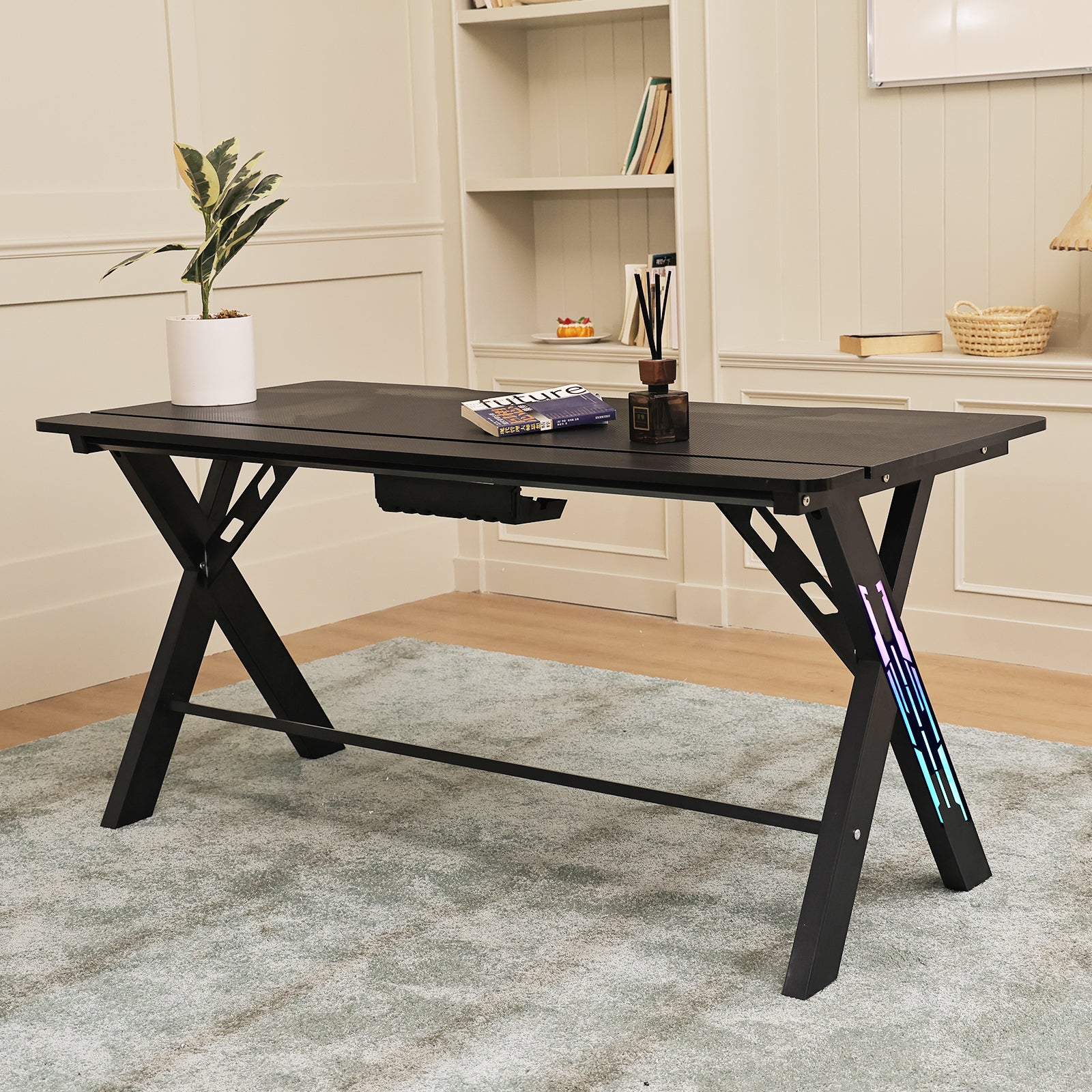 Gaming Desk Computer Desk with LED Lights Sturdy Small Desk Ergonomic PC Gaming Table Workstation with Cup Holder Headphone Hook Cable Box