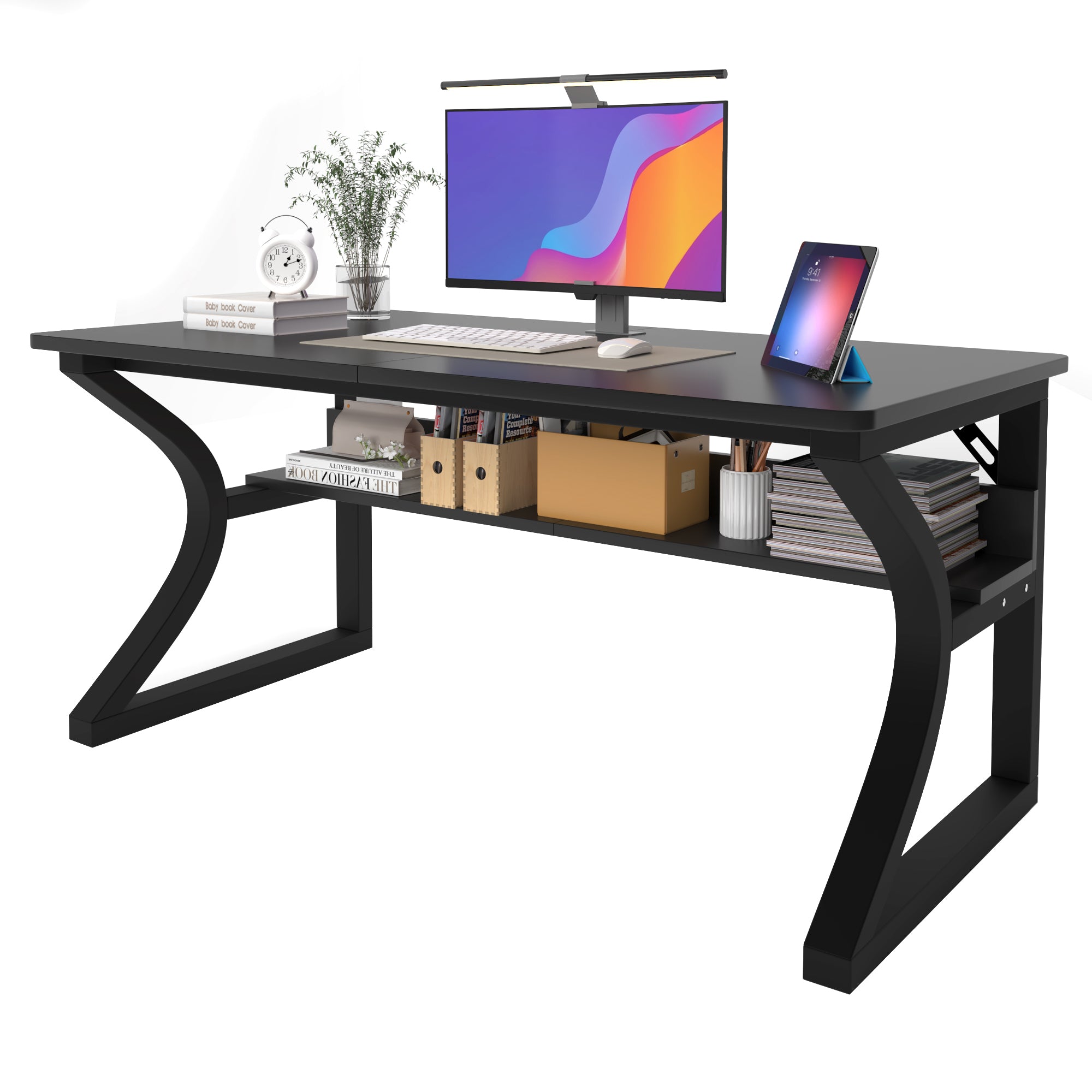 AZN Gaming Desk, Black/Tiger-Stripe 47/55  Computer Desk, Gaming Desk w/LED Lights & Carbon Fiber Desktop, Home Office Desks w/Ergonomic Design, Computer Desks w/Cup Holder