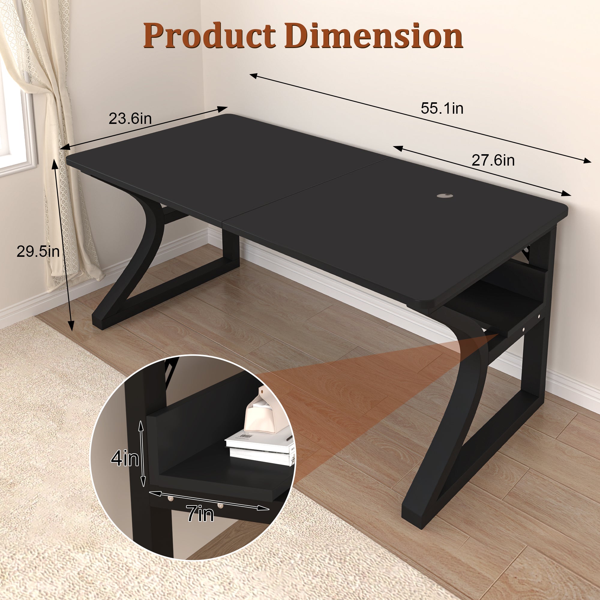 AZN Gaming Desk, Black/Tiger-Stripe 47/55  Computer Desk, Gaming Desk w/LED Lights & Carbon Fiber Desktop, Home Office Desks w/Ergonomic Design, Computer Desks w/Cup Holder