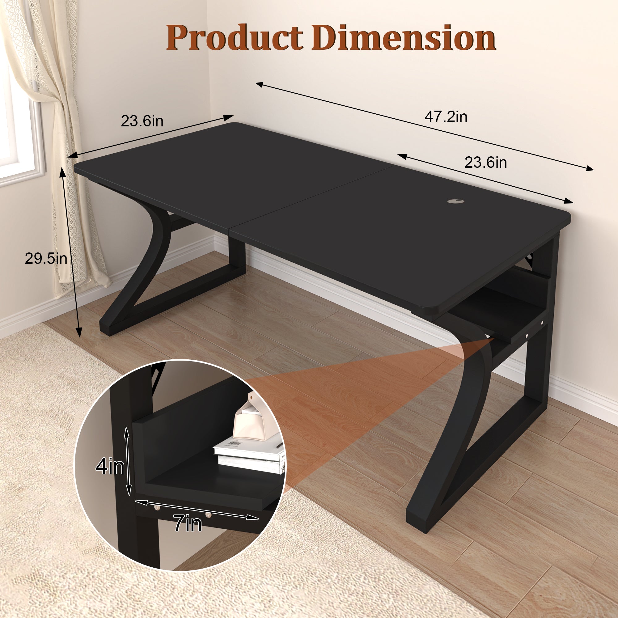 AZN Gaming Desk, Black/Tiger-Stripe 47/55  Computer Desk, Gaming Desk w/LED Lights & Carbon Fiber Desktop, Home Office Desks w/Ergonomic Design, Computer Desks w/Cup Holder