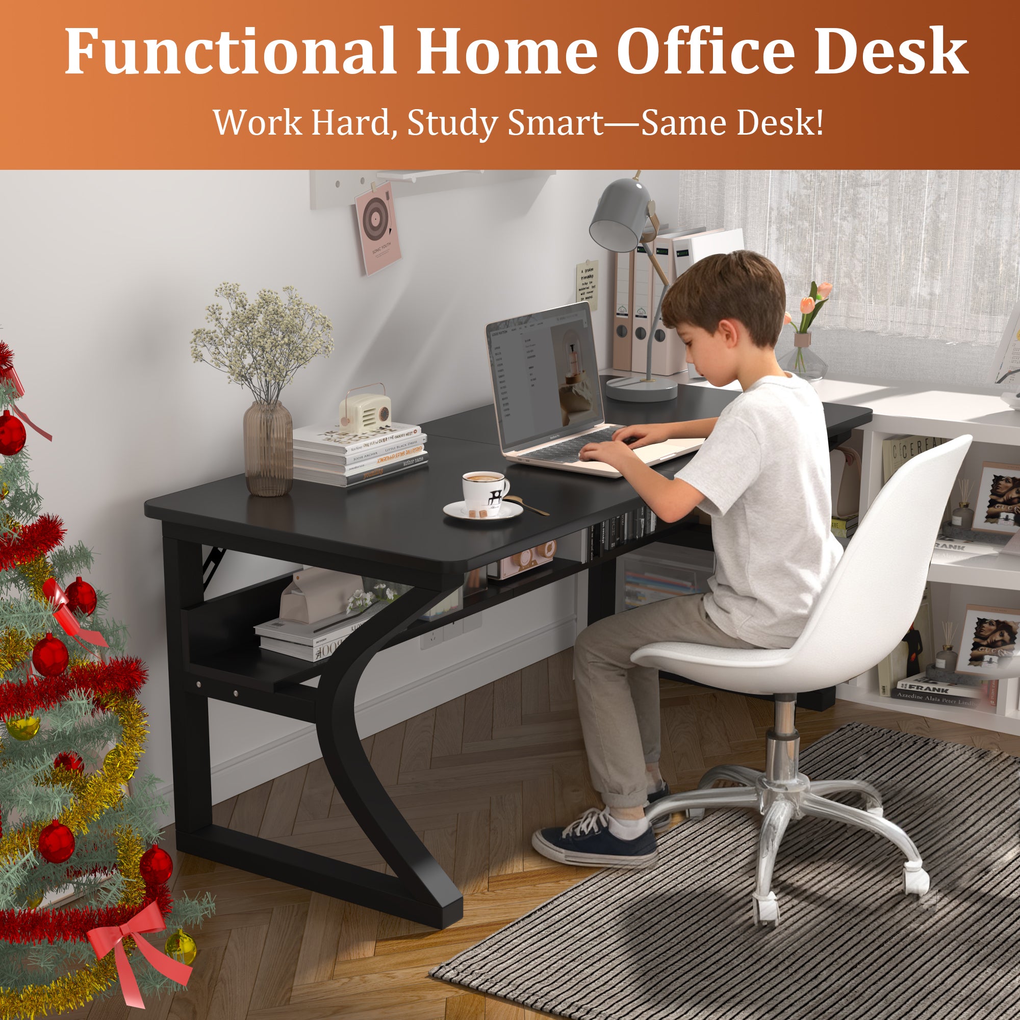 AZN Gaming Desk, Black/Tiger-Stripe 47/55  Computer Desk, Gaming Desk w/LED Lights & Carbon Fiber Desktop, Home Office Desks w/Ergonomic Design, Computer Desks w/Cup Holder