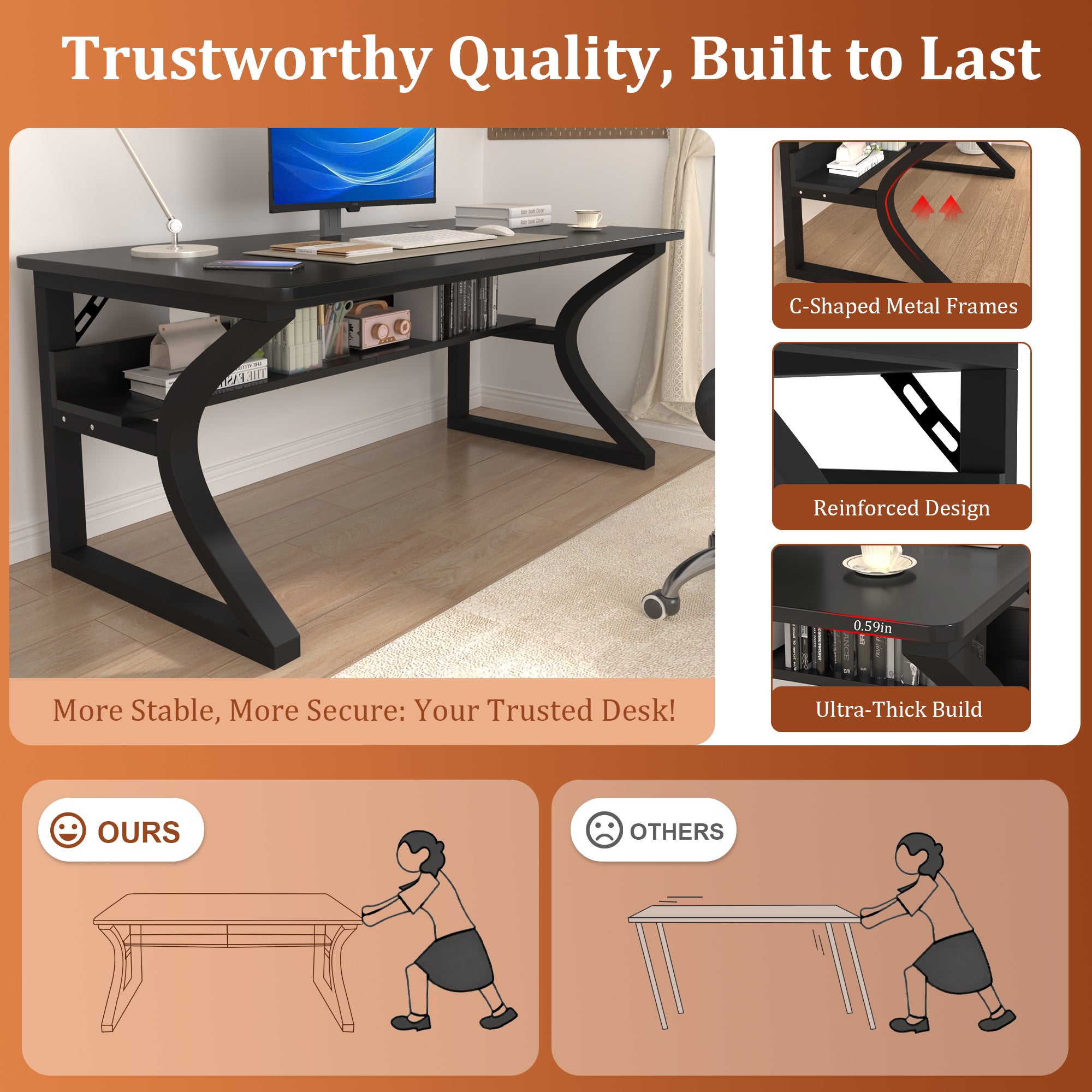 AZN Gaming Desk, Black/Tiger-Stripe 47/55  Computer Desk, Gaming Desk w/LED Lights & Carbon Fiber Desktop, Home Office Desks w/Ergonomic Design, Computer Desks w/Cup Holder