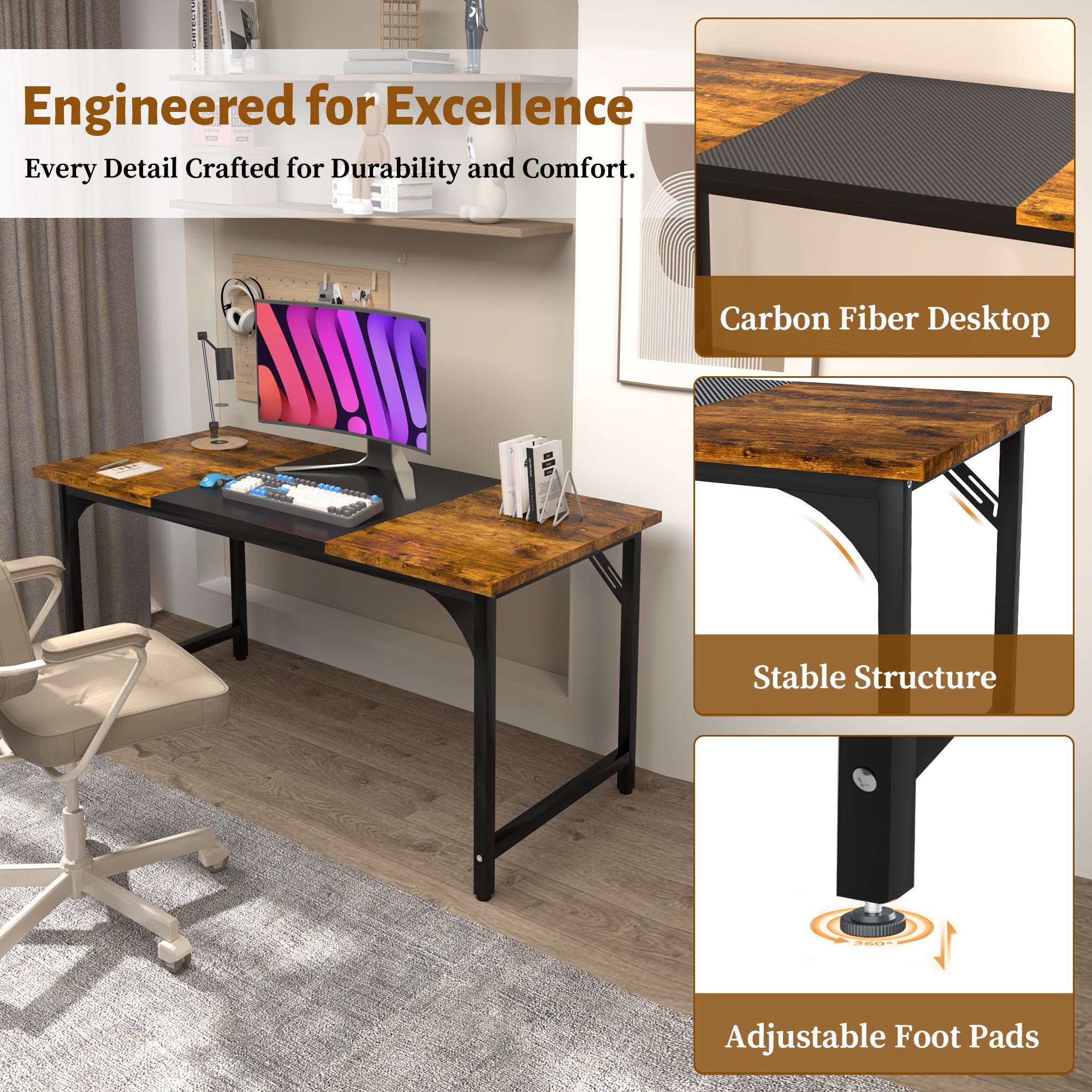 AZN Gaming Desk, 47 to 55 Inch Heavy Duty Computer Desk, 400 Lbs Capacity Office Desk with 6mm Thick Legs & Laser Welded Frame, Anti-Shake Workstation