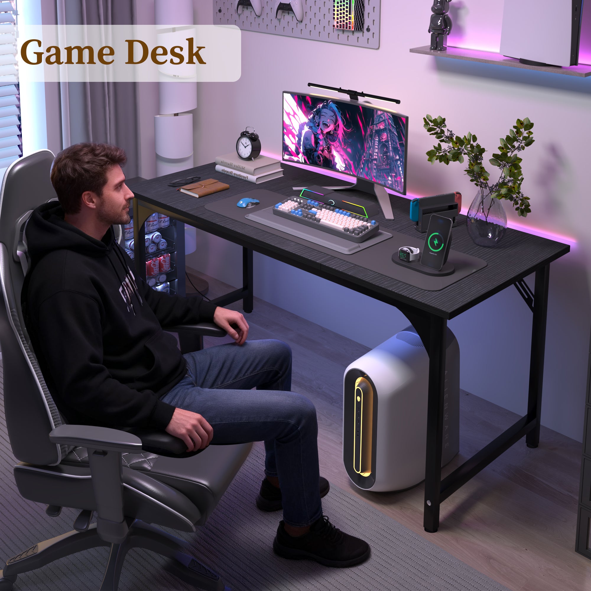 AZN Gaming Desk, 47 to 55 inch Carbon Fiber Gaming Table with 6mm Steel Frame, 400 Lbs Load Capacity, Anti-Wobble Design, Sturdy Home Office Desk