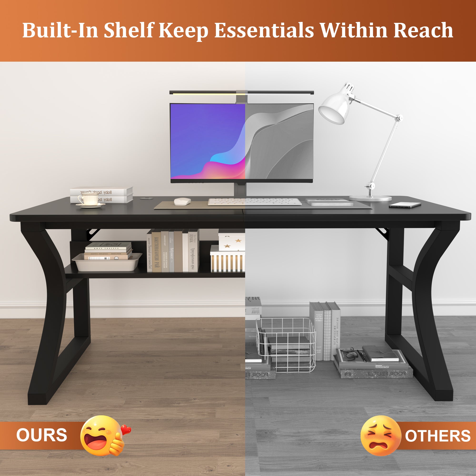 AZN Gaming Desk, Black/Tiger-Stripe 47/55  Computer Desk, Gaming Desk w/LED Lights & Carbon Fiber Desktop, Home Office Desks w/Ergonomic Design, Computer Desks w/Cup Holder