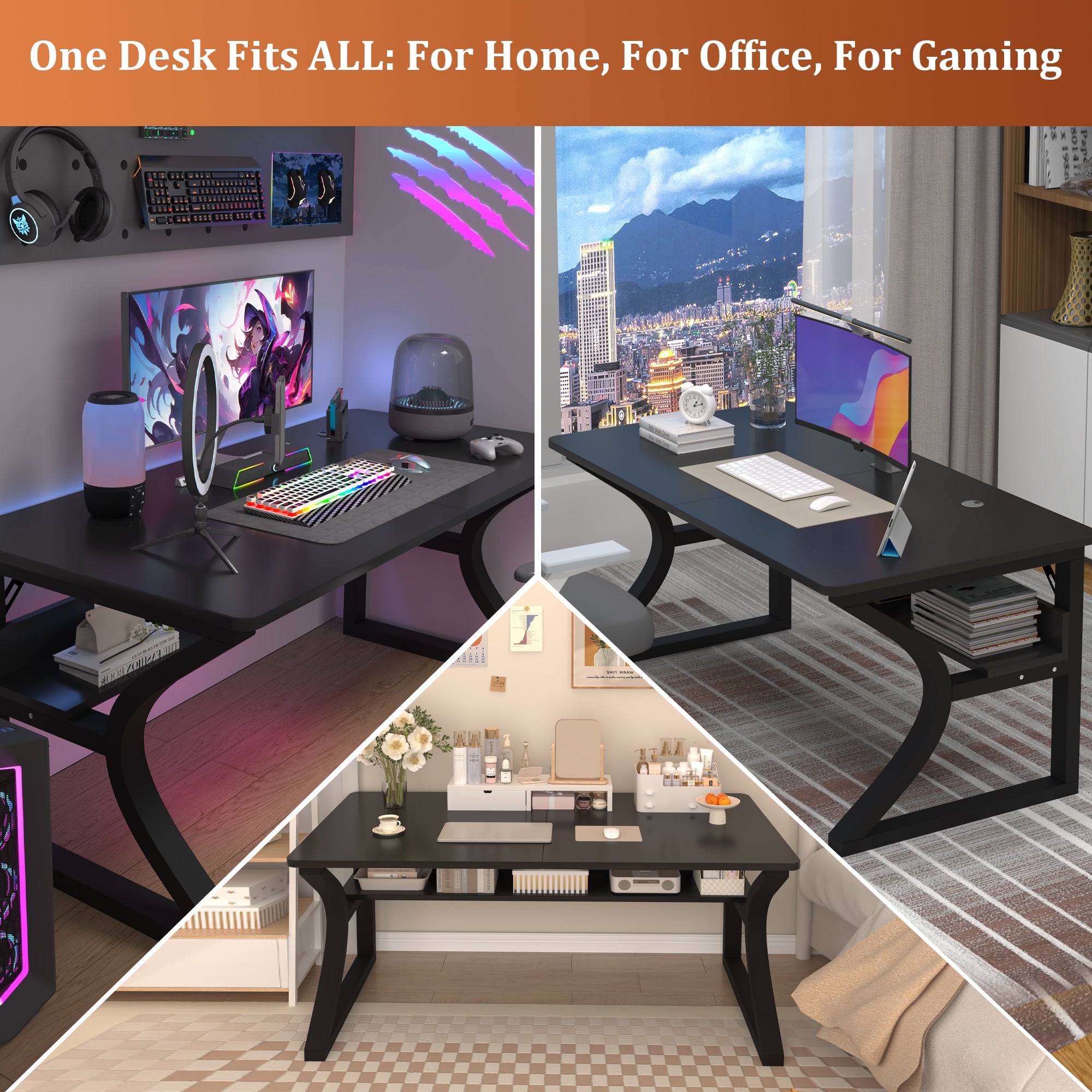 AZN Gaming Desk, Black/Tiger-Stripe 47/55  Computer Desk, Gaming Desk w/LED Lights & Carbon Fiber Desktop, Home Office Desks w/Ergonomic Design, Computer Desks w/Cup Holder