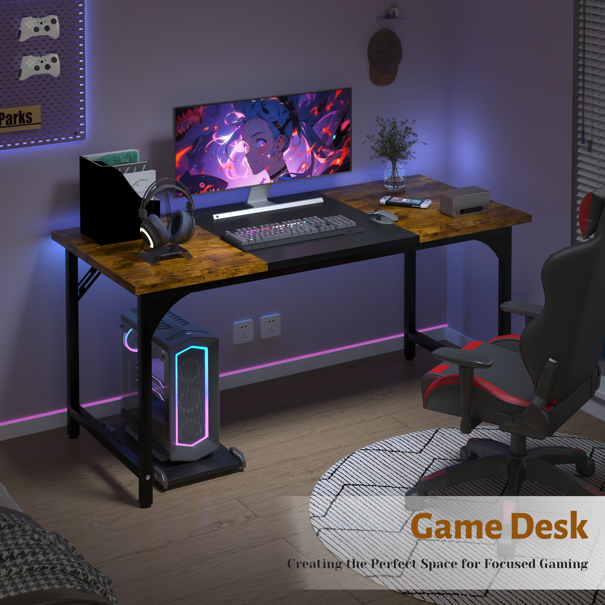 AZN Gaming Desk, 47 to 55 Inch Heavy Duty Computer Desk, 400 Lbs Capacity Office Desk with 6mm Thick Legs & Laser Welded Frame, Anti-Shake Workstation