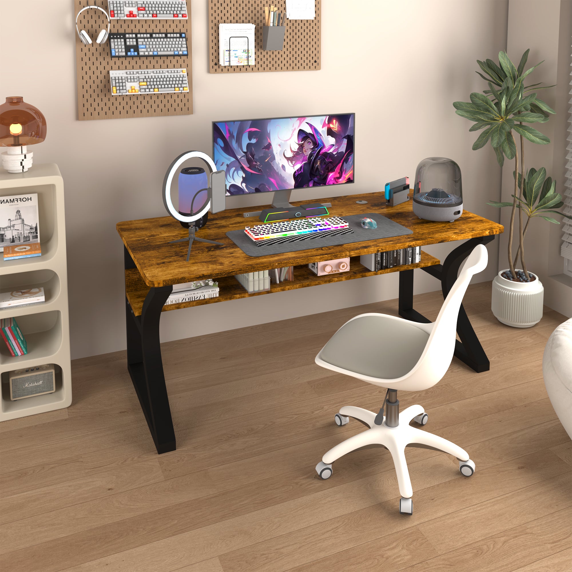 AZN Gaming Desk, Black/Tiger-Stripe 47/55  Computer Desk, Gaming Desk w/LED Lights & Carbon Fiber Desktop, Home Office Desks w/Ergonomic Design, Computer Desks w/Cup Holder