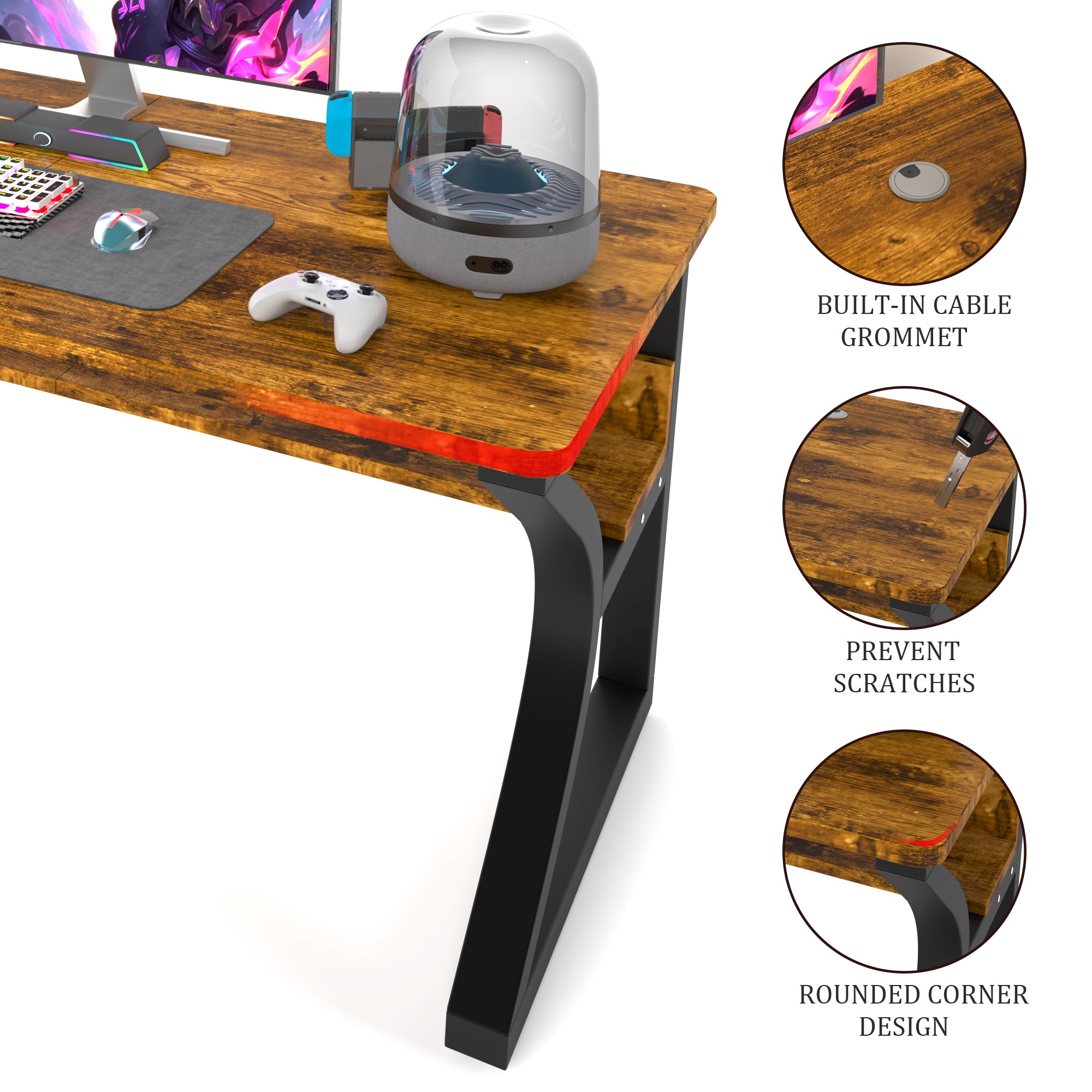 AZN Gaming Desk, Black/Tiger-Stripe 47/55  Computer Desk, Gaming Desk w/LED Lights & Carbon Fiber Desktop, Home Office Desks w/Ergonomic Design, Computer Desks w/Cup Holder