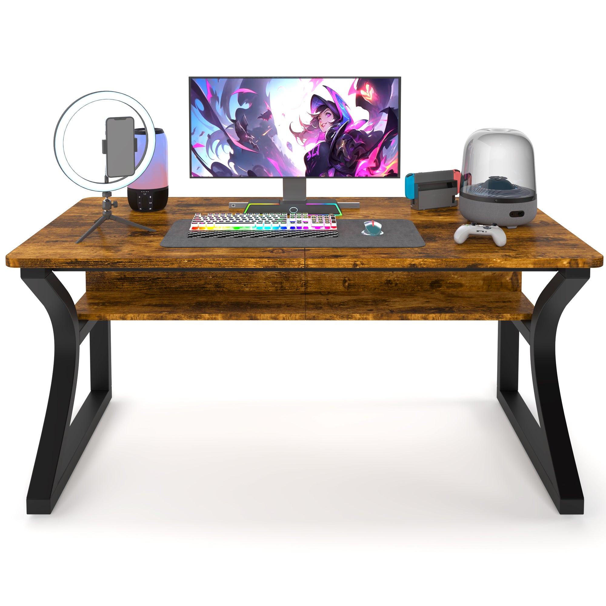 AZN Gaming Desk, Black/Tiger-Stripe 47/55  Computer Desk, Gaming Desk w/LED Lights & Carbon Fiber Desktop, Home Office Desks w/Ergonomic Design, Computer Desks w/Cup Holder