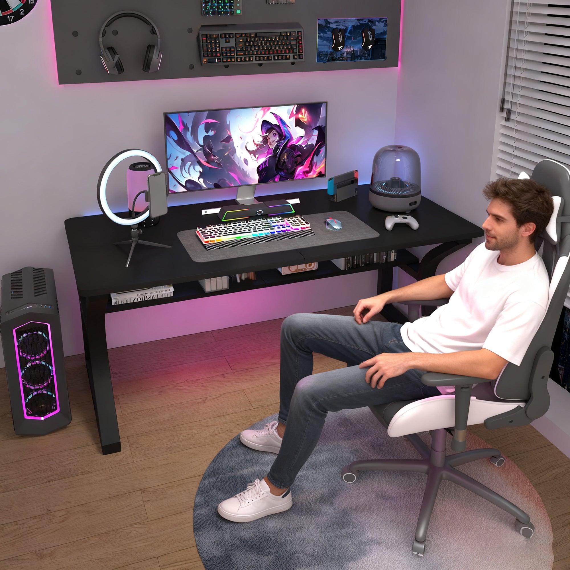 AZN Gaming Desk, Black/Tiger-Stripe 47/55  Computer Desk, Gaming Desk w/LED Lights & Carbon Fiber Desktop, Home Office Desks w/Ergonomic Design, Computer Desks w/Cup Holder