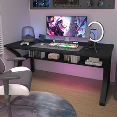 AZN Gaming Desk, Black/Tiger-Stripe 47/55  Computer Desk, Gaming Desk w/LED Lights & Carbon Fiber Desktop, Home Office Desks w/Ergonomic Design, Computer Desks w/Cup Holder