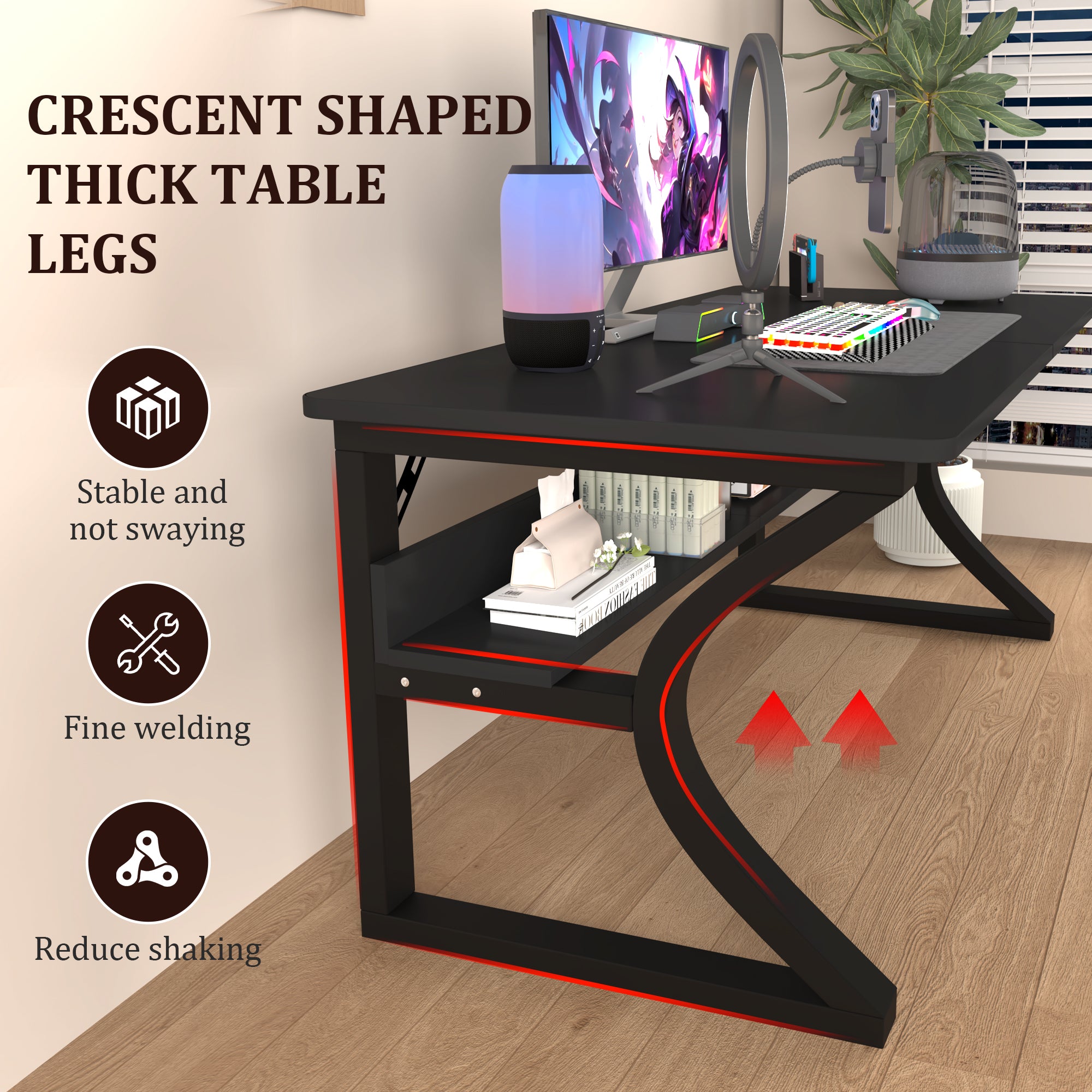 AZN Gaming Desk, Black/Tiger-Stripe 47/55  Computer Desk, Gaming Desk w/LED Lights & Carbon Fiber Desktop, Home Office Desks w/Ergonomic Design, Computer Desks w/Cup Holder