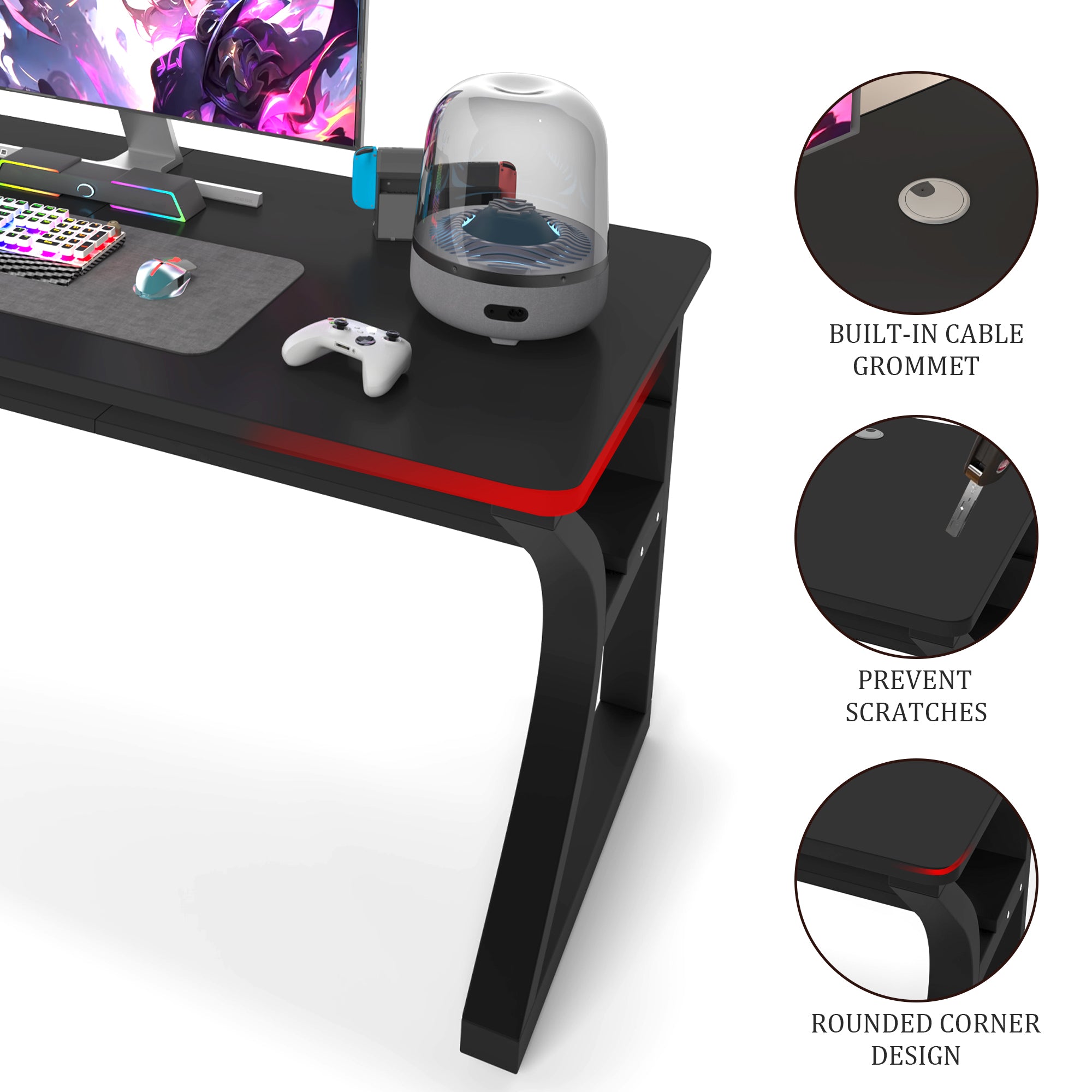 AZN Gaming Desk, Black/Tiger-Stripe 47/55  Computer Desk, Gaming Desk w/LED Lights & Carbon Fiber Desktop, Home Office Desks w/Ergonomic Design, Computer Desks w/Cup Holder