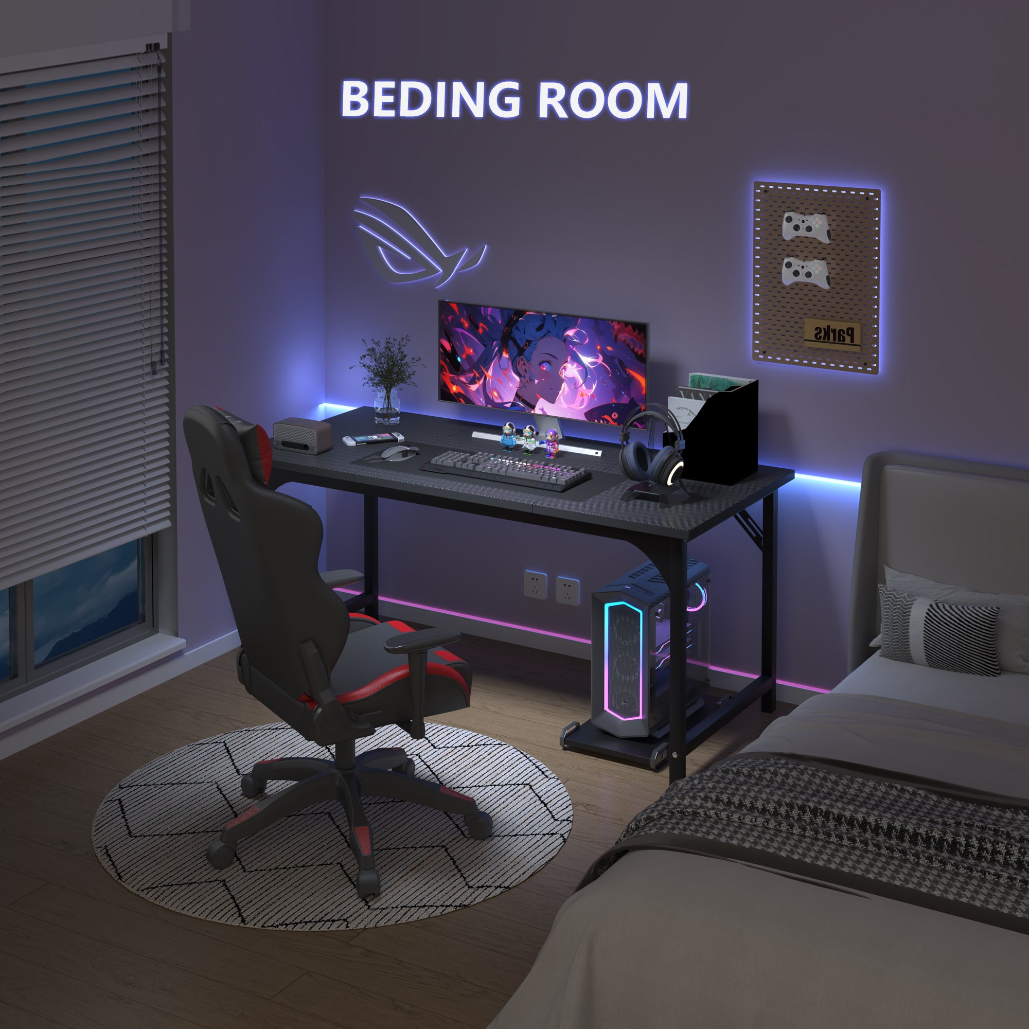 AZN Gaming Desk, 47 to 55 Inch Heavy Duty Computer Desk, 400 Lbs Capacity Office Desk with 6mm Thick Legs & Laser Welded Frame, Anti-Shake Workstation