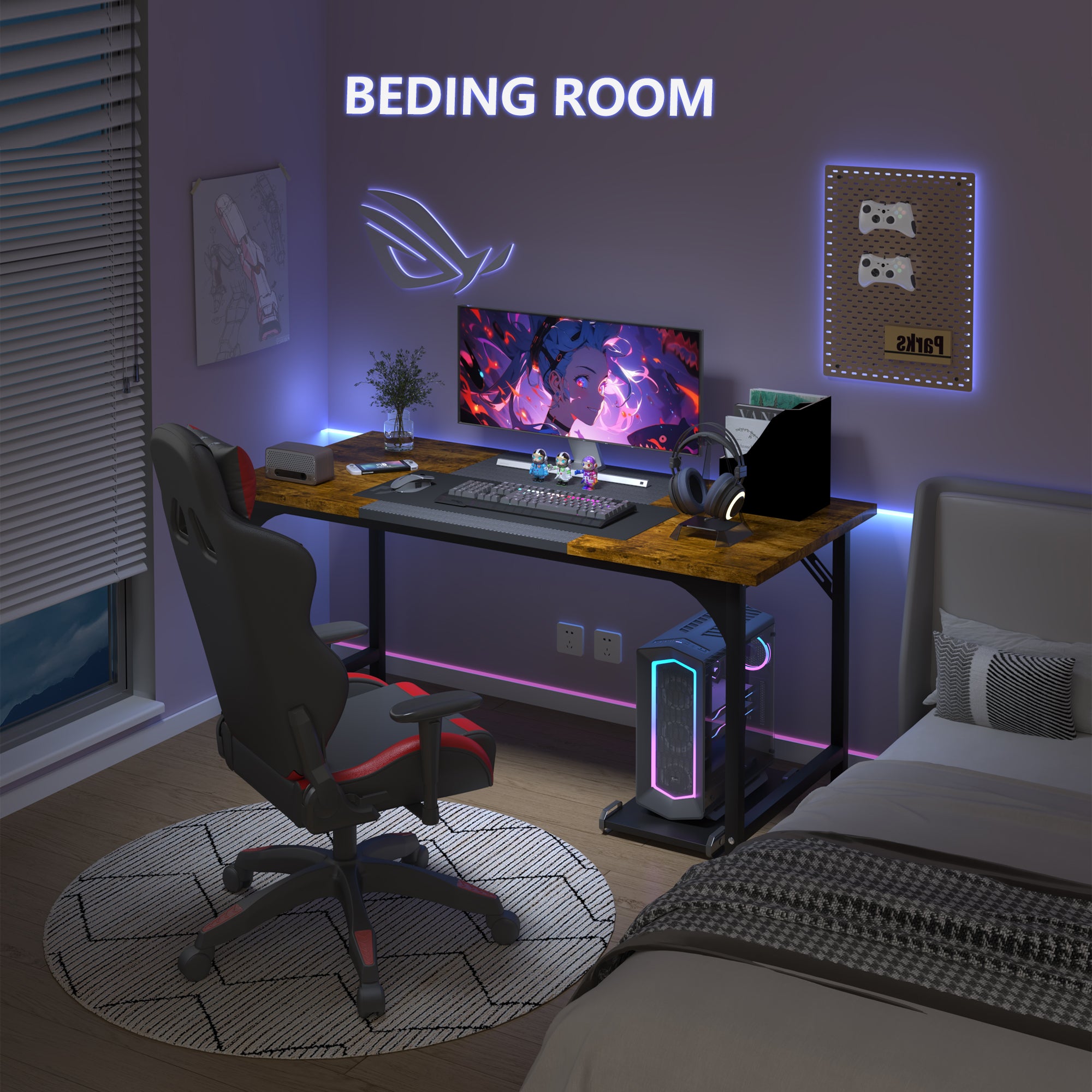 AZN Gaming Desk, 47 to 55 Inch Heavy Duty Computer Desk, 400 Lbs Capacity Office Desk with 6mm Thick Legs & Laser Welded Frame, Anti-Shake Workstation