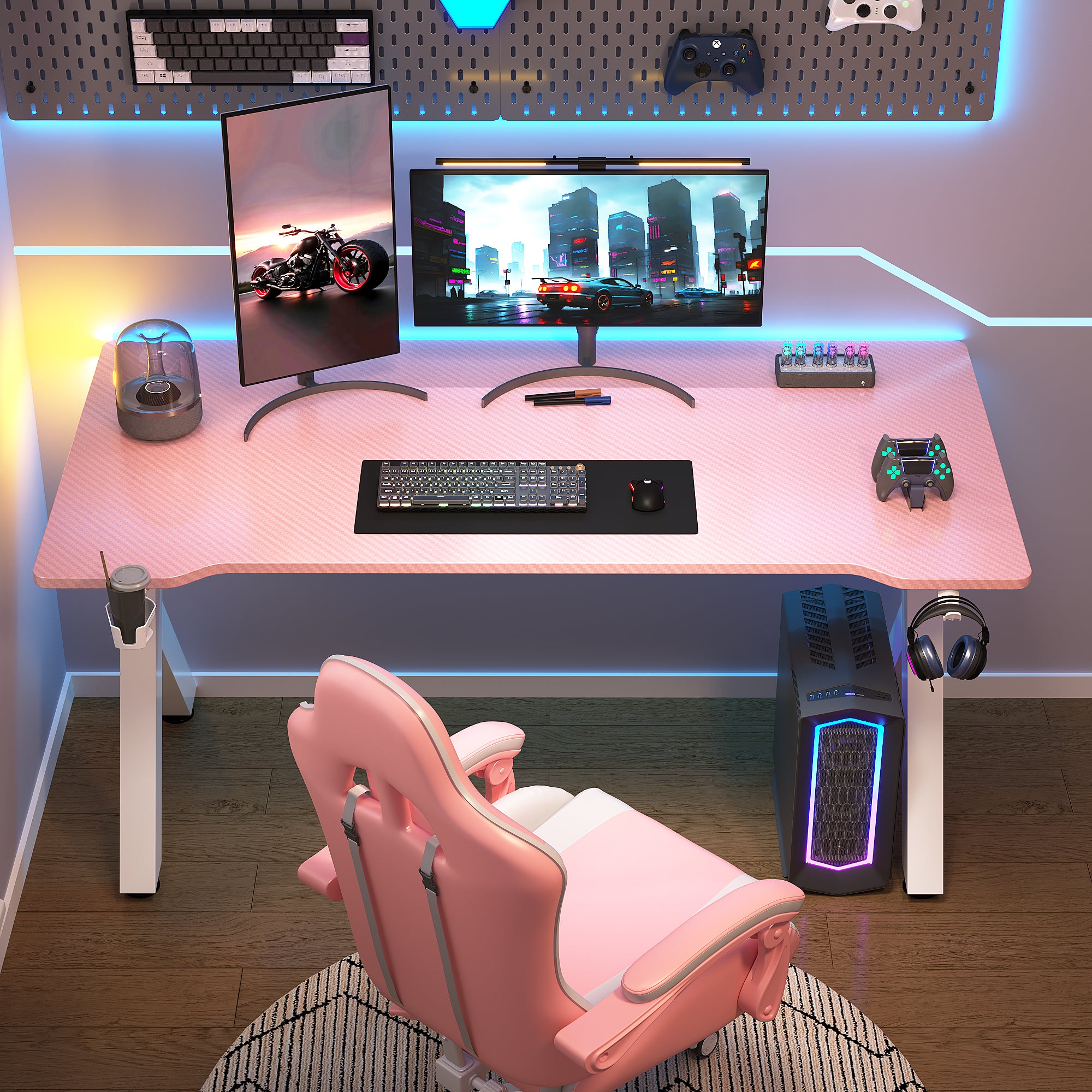 AZN Gaming Desk, Gaming Desk w/Carbon Fiber Desktop & 3D-Printed Relief Patterns, Home Office Desks w/Ergonomic Design, Computer Desks w/Cup & Headphone Holder, Cable Organizer