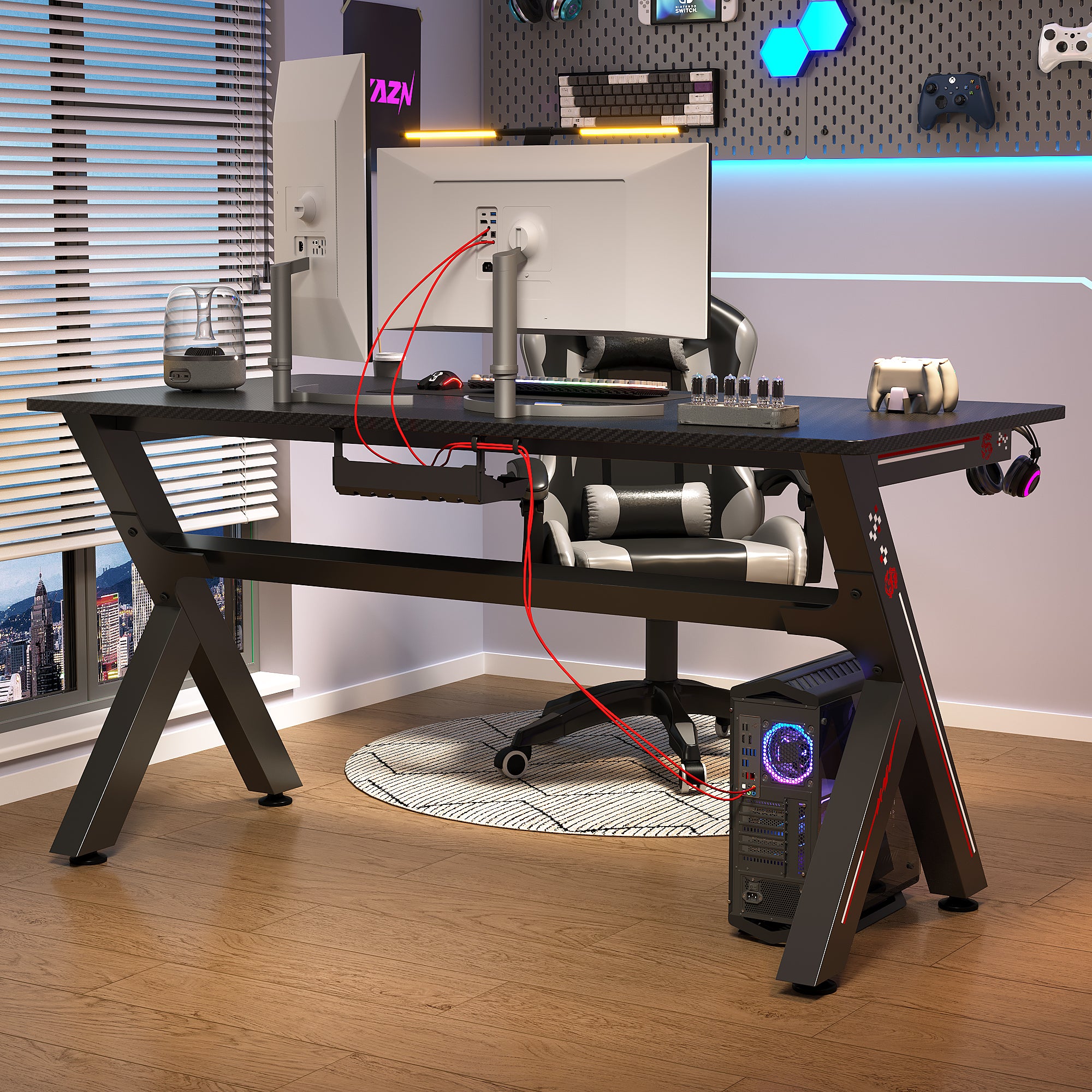 AZN Gaming Desk, Gaming Desk w/Carbon Fiber Desktop & 3D-Printed Relief Patterns, Home Office Desks w/Ergonomic Design, Computer Desks w/Cup & Headphone Holder, Cable Organizer
