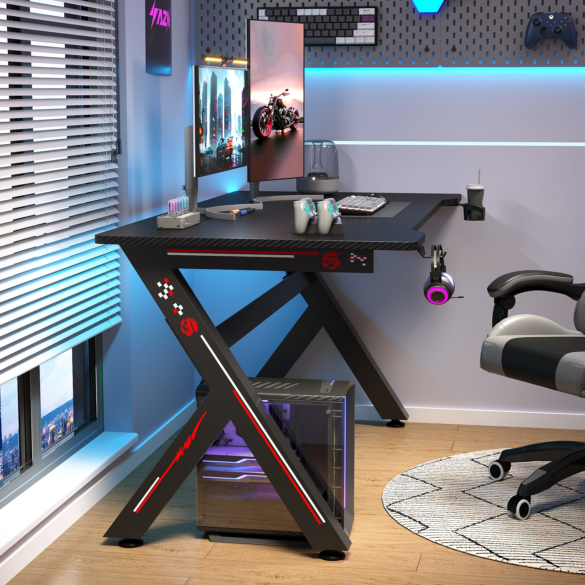 AZN Gaming Desk, Gaming Desk w/Carbon Fiber Desktop & 3D-Printed Relief Patterns, Home Office Desks w/Ergonomic Design, Computer Desks w/Cup & Headphone Holder, Cable Organizer