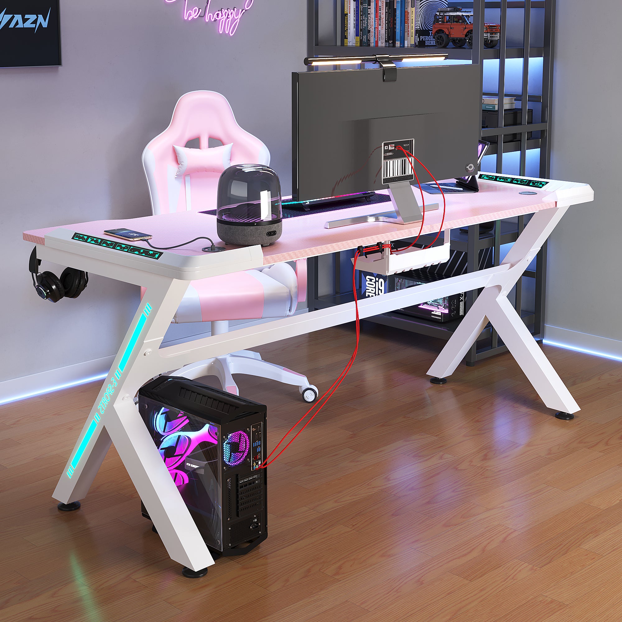 AZN Gaming Desk, Gaming Desk w/LED Lights & Carbon Fiber Desktop, Home Office Desks w/Ergonomic Design, Computer Desks w/Cup Holder, Headphone Holder, Cable Organizer
