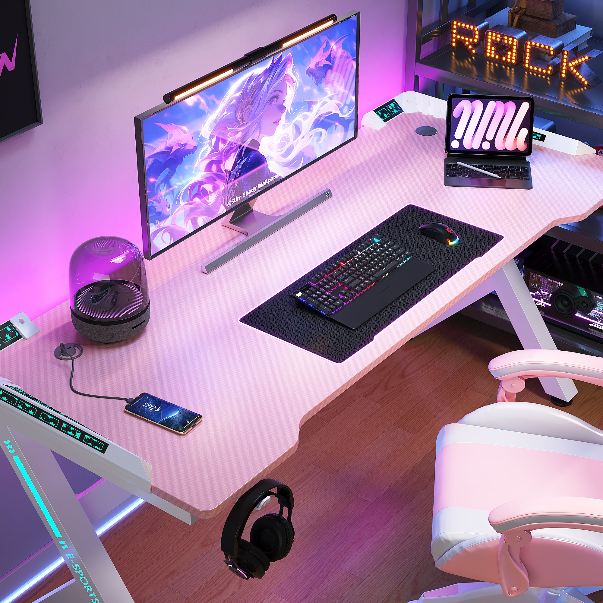 AZN Gaming Desk, Gaming Desk w/LED Lights & Carbon Fiber Desktop, Home Office Desks w/Ergonomic Design, Computer Desks w/Cup Holder, Headphone Holder, Cable Organizer