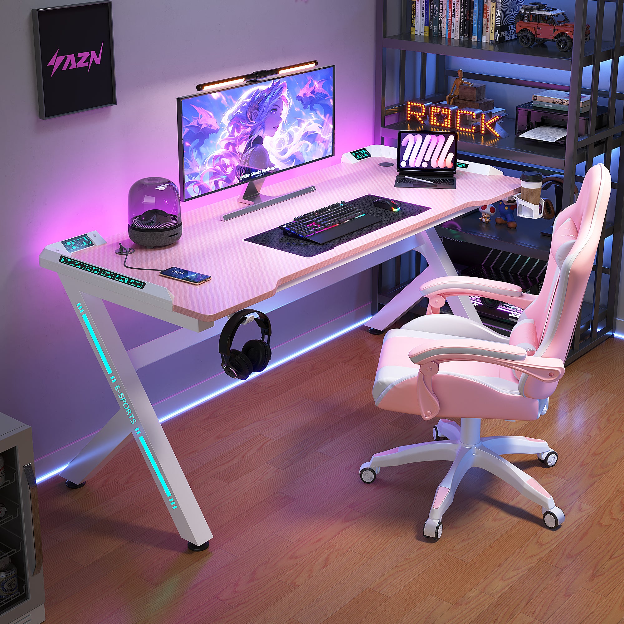 AZN Gaming Desk, Gaming Desk w/LED Lights & Carbon Fiber Desktop, Home Office Desks w/Ergonomic Design, Computer Desks w/Cup Holder, Headphone Holder, Cable Organizer