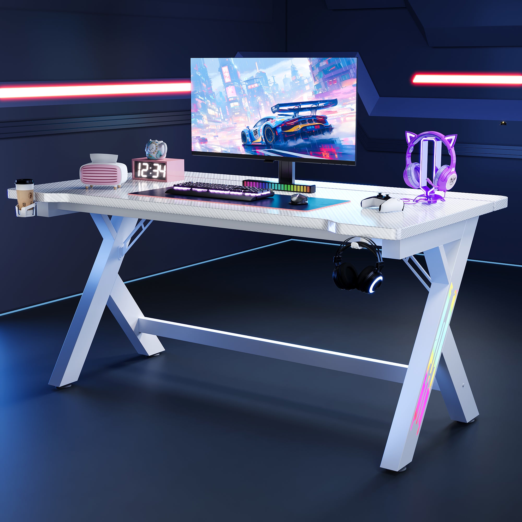 Gaming Desk Computer Desk with LED Lights Sturdy Small Desk Ergonomic PC Gaming Table Workstation with Cup Holder Headphone Hook Cable Box