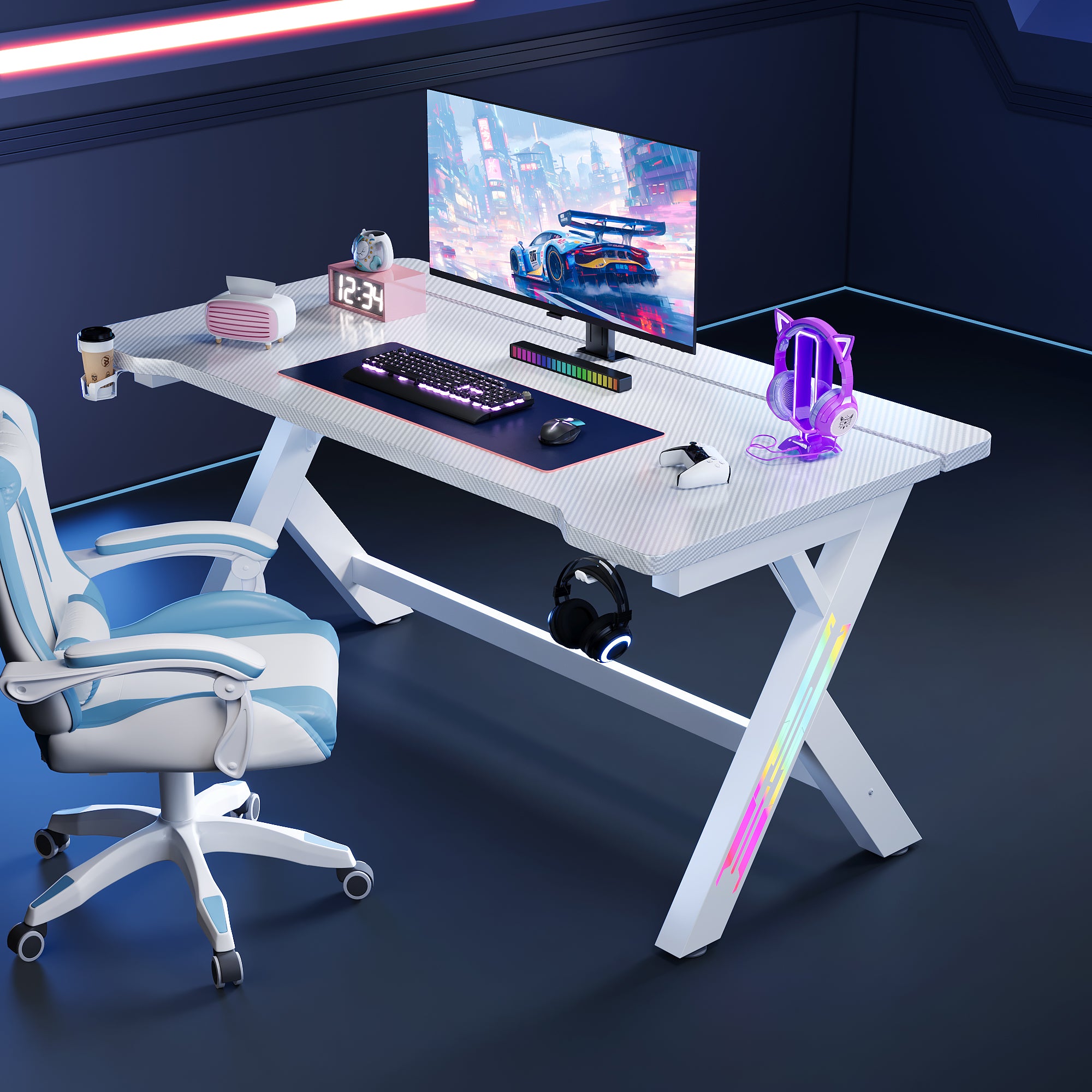 Gaming Desk Computer Desk with LED Lights Sturdy Small Desk Ergonomic PC Gaming Table Workstation with Cup Holder Headphone Hook Cable Box