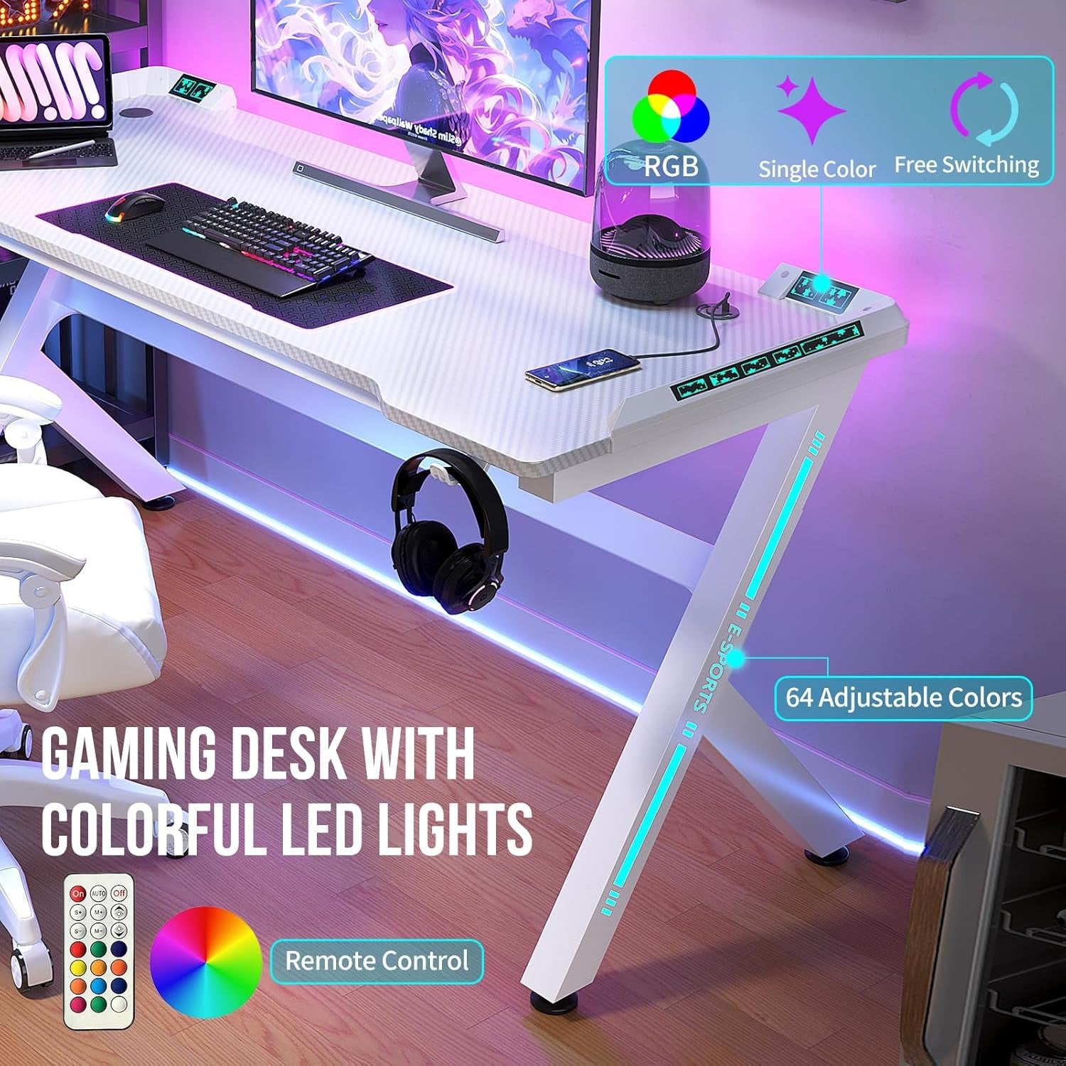 AZN Gaming Desk, Gaming Desk w/LED Lights & Carbon Fiber Desktop, Home Office Desks w/Ergonomic Design, Computer Desks w/Cup Holder, Headphone Holder, Cable Organizer