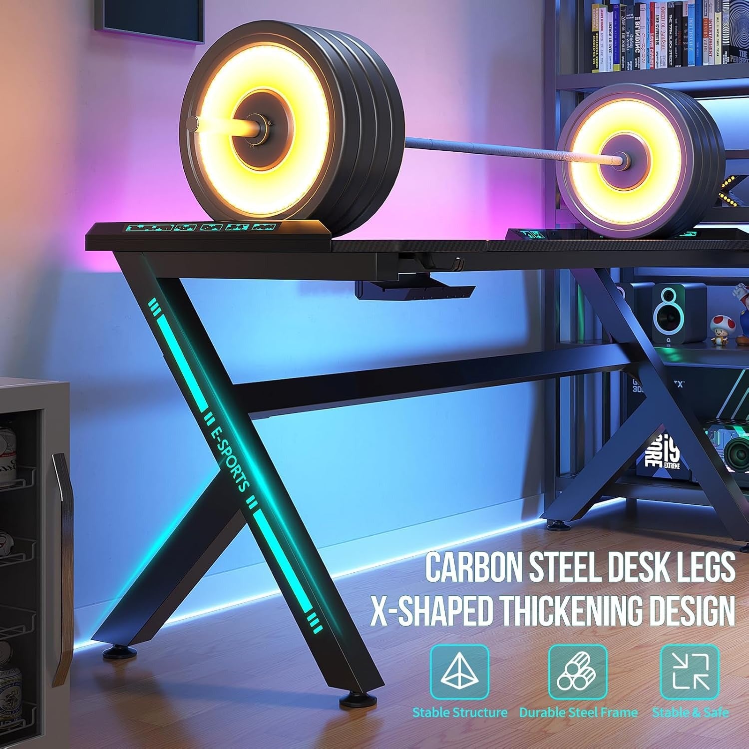 AZN Gaming Desk, Gaming Desk w/LED Lights & Carbon Fiber Desktop, Home Office Desks w/Ergonomic Design, Computer Desks w/Cup Holder, Headphone Holder, Cable Organizer