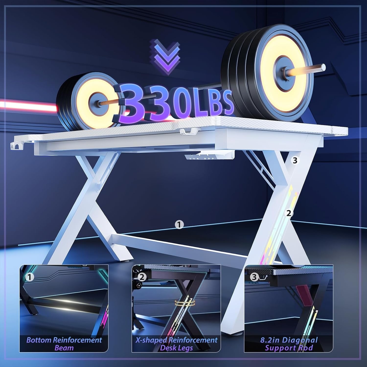 Gaming Desk Computer Desk with LED Lights Sturdy Small Desk Ergonomic PC Gaming Table Workstation with Cup Holder Headphone Hook Cable Box