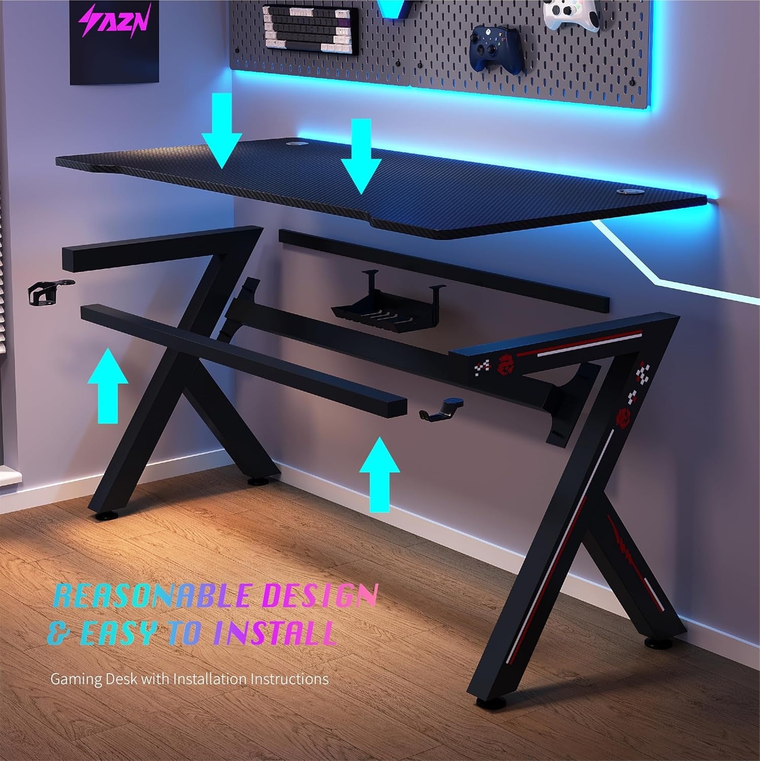 AZN Gaming Desk, Gaming Desk w/Carbon Fiber Desktop & 3D-Printed Relief Patterns, Home Office Desks w/Ergonomic Design, Computer Desks w/Cup & Headphone Holder, Cable Organizer