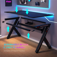 AZN Gaming Desk, Gaming Desk w/Carbon Fiber Desktop & 3D-Printed Relief Patterns, Home Office Desks w/Ergonomic Design, Computer Desks w/Cup & Headphone Holder, Cable Organizer