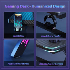 AZN Gaming Desk, Gaming Desk w/LED Lights & Carbon Fiber Desktop, Home Office Desks w/Ergonomic Design, Computer Desks w/Cup Holder, Headphone Holder, Cable Organizer