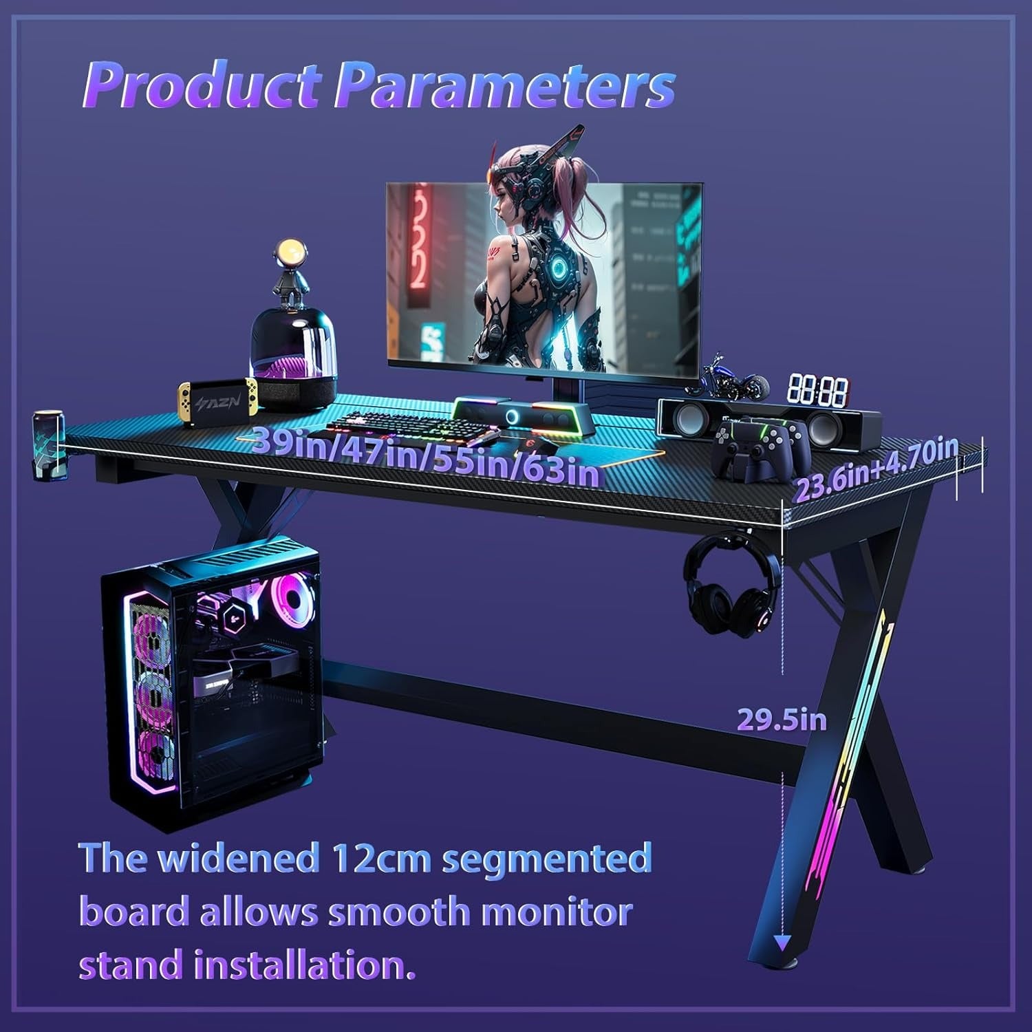 Gaming Desk Computer Desk with LED Lights Sturdy Small Desk Ergonomic PC Gaming Table Workstation with Cup Holder Headphone Hook Cable Box