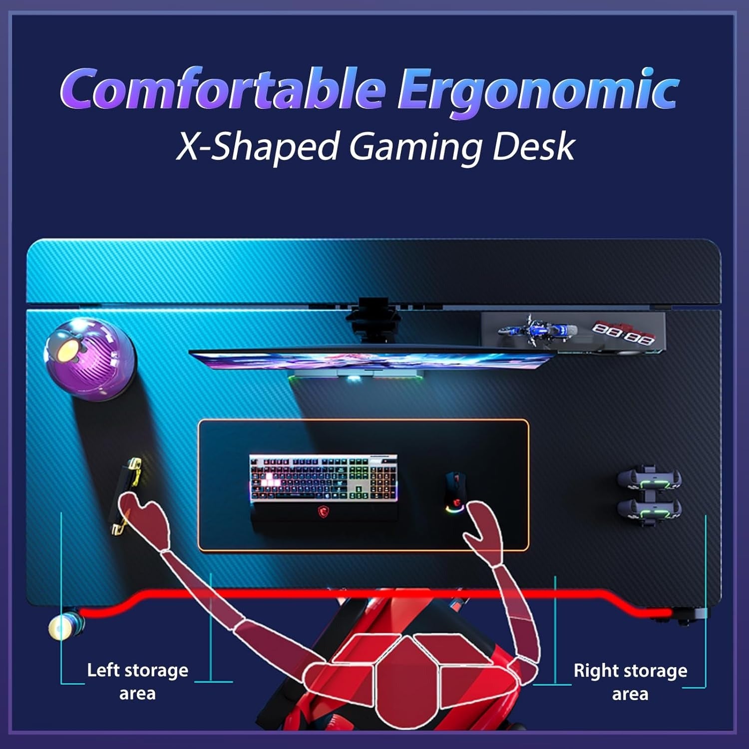 AZN Gaming Desk, Gaming Desk w/Carbon Fiber Desktop & 3D-Printed Relief Patterns, Home Office Desks w/Ergonomic Design, Computer Desks w/Cup & Headphone Holder, Cable Organizer