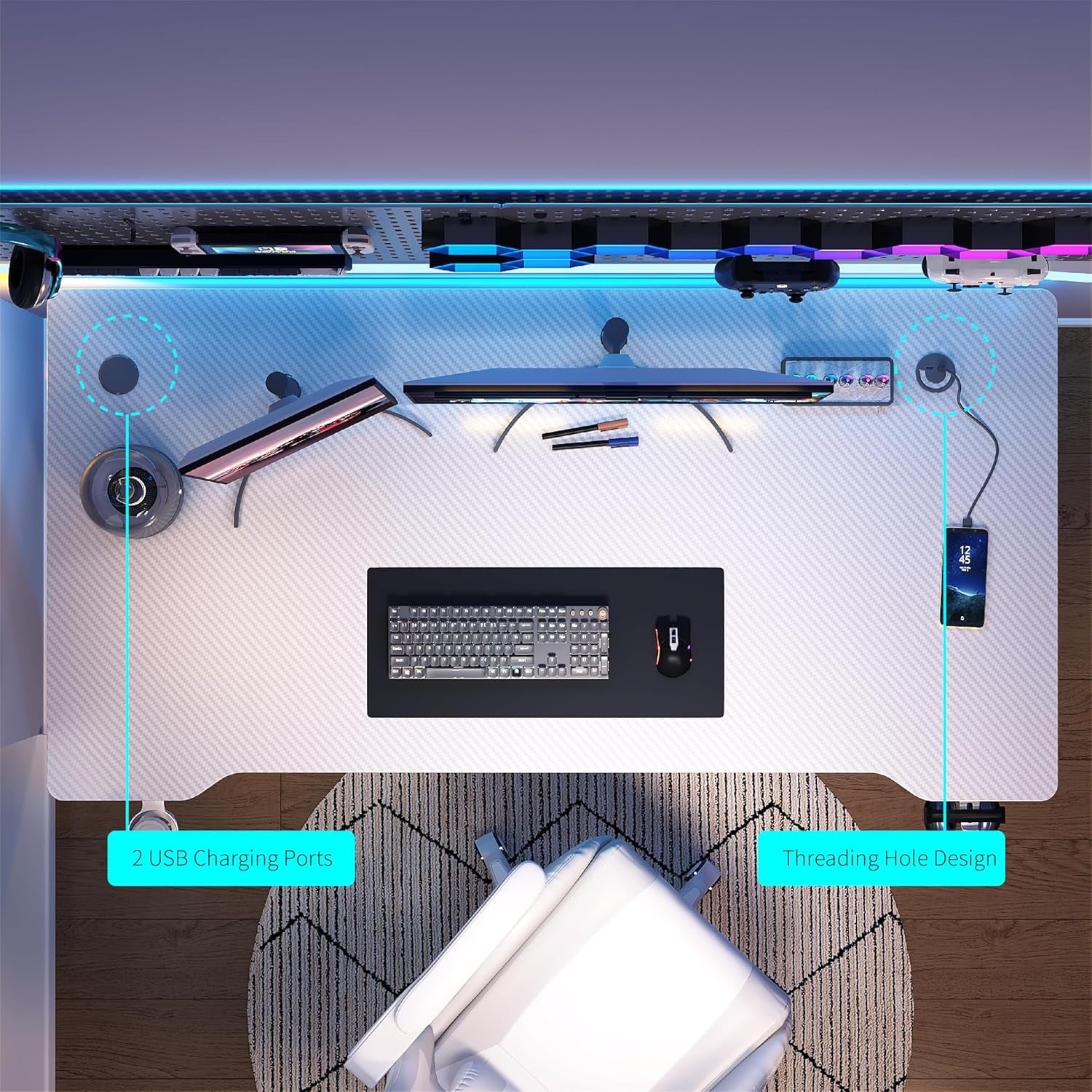 Gaming Desk Computer Desk with LED Lights Sturdy Small Desk Ergonomic PC Gaming Table Workstation with Cup Holder Headphone Hook Cable Box