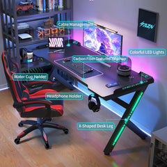 AZN Gaming Desk, Gaming Desk w/LED Lights & Carbon Fiber Desktop, Home Office Desks w/Ergonomic Design, Computer Desks w/Cup Holder, Headphone Holder, Cable Organizer