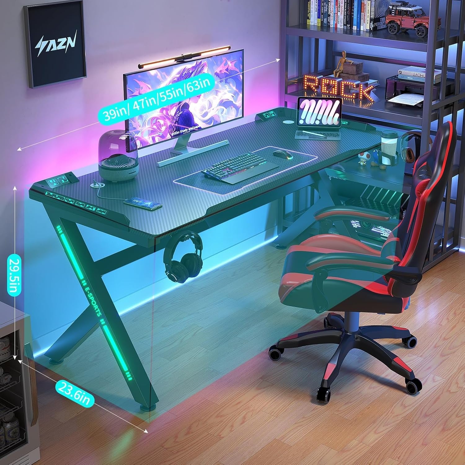 Gaming Desk Computer Desk with LED Lights Sturdy Small Desk Ergonomic PC Gaming Table Workstation with Cup Holder Headphone Hook Cable Box