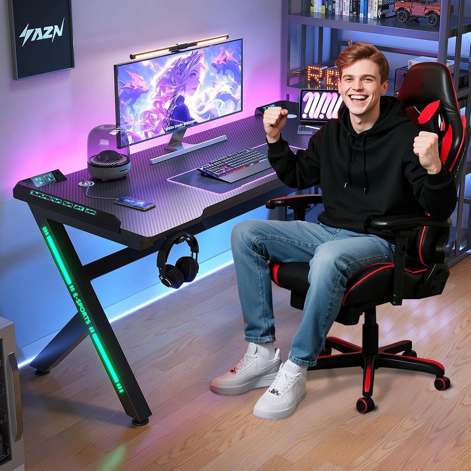 AZN Gaming Desk, Gaming Desk w/LED Lights & Carbon Fiber Desktop, Home Office Desks w/Ergonomic Design, Computer Desks w/Cup Holder, Headphone Holder, Cable Organizer